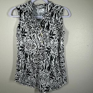 Chandly Women's Zebra Print Sleeveless Button Up Top Size M Black White